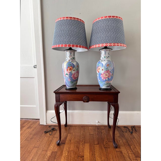 Blue Pair of Vintage Tobacco Leaf Design Lamps With Fabric Shades For Sale - Image 8 of 10