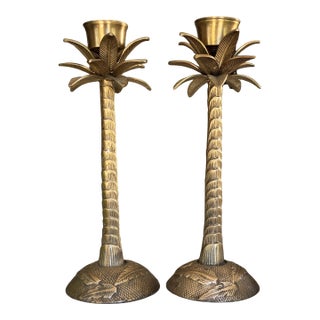 Made in India British Colonial Solid Brass Palm Tree Candle Holders - A Pair For Sale