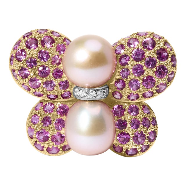 Haus of Brilliance 18K Yellow & White Gold 9MM South Sea Pearl & Pink Sapphire Butterfly Pin Brooch For Sale