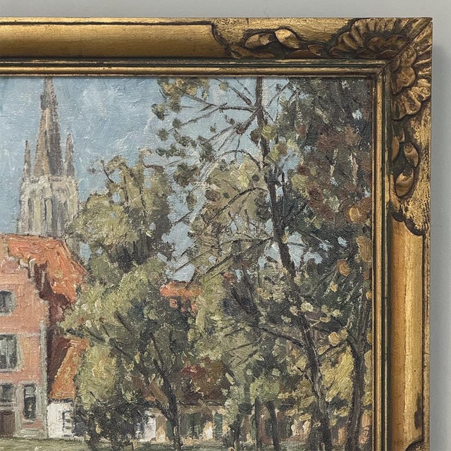 Wood Antique Framed Oil Painting on Canvas Signed DeMeer ~ 'View of Bruges' For Sale - Image 7 of 15