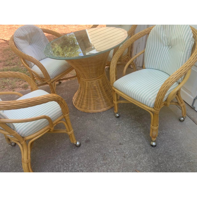 Vintage Set of 5 Pieces Bamboos and Rattan Dining Room Table and Chairs For Sale - Image 4 of 8