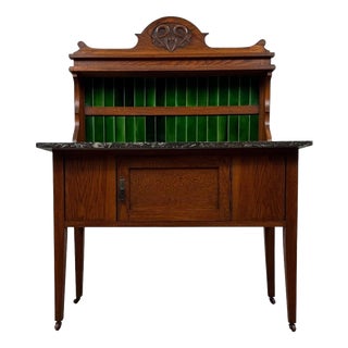 Antique Arts & Crafts Oak Washstand with Marble Top For Sale