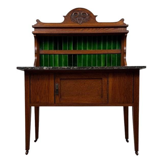 Antique Arts & Crafts Oak Washstand with Marble Top For Sale