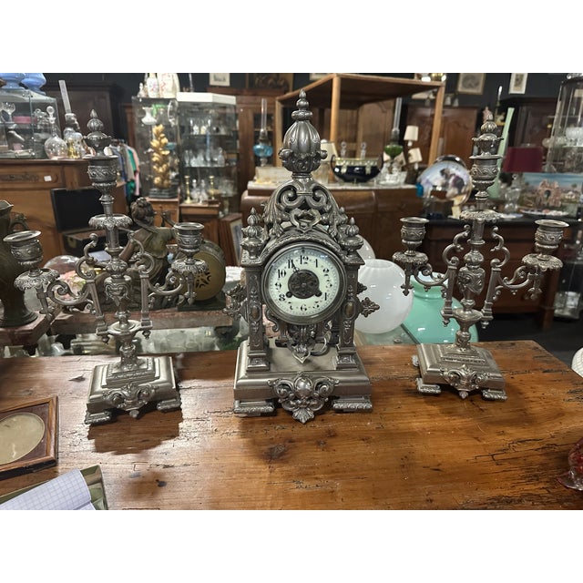 Napoleon III Clock in Silver-Plated Bronze with Candelabras, Set of 3 For Sale - Image 6 of 6