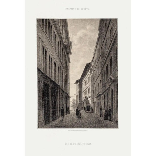 Image dimensions: 20.5 x 15 cm. This splendid lithograph Interieur de Geneve. Rue De L'Hôtel De Ville is part of the...
