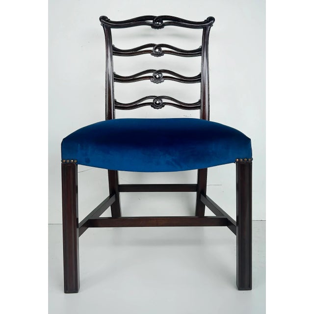 George III English Ladderback Dining Chairs Set of 6, Fine Velvet Upholstery Offered for sale is a set of six fine English...