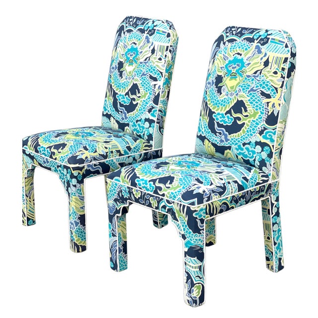 Casa Bique Pair MCM CasaBique Ming Armchairs in Thibaut “Imperial Dragon” For Sale - Image 4 of 18