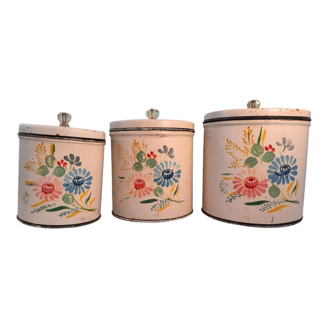 Shabby Floral Metal Kitchen Canisters For Sale