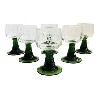 Etched German Roemer Coupe Wine Glasses With Green Stems - Set of 6 For Sale