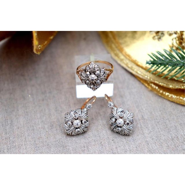 Gold Ring and Earring Set in 19.2k Gold with Diamond Setting, Set of 3 For Sale - Image 8 of 8