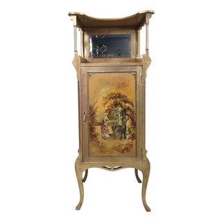 Antique Victorian Hand-Painted Music Cabinet With Brass Gallery and Mirror For Sale