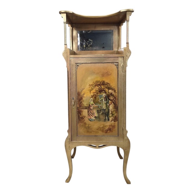 Antique Victorian Hand-Painted Music Cabinet With Brass Gallery and Mirror For Sale