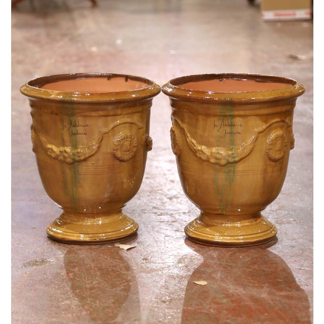 Early 21st Century Pair of French Handmade Glazed Terracotta Planters by La Madeleine in Anduze For Sale - Image 5 of 10