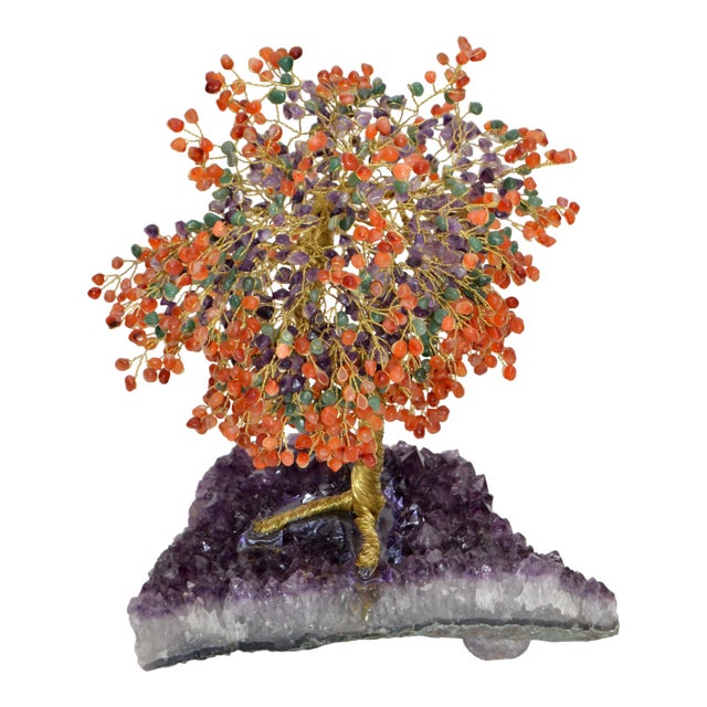 Handcrafted Arts & Crafts Tree Metal Sculpture Beads Purple Amnesty Fossil Base For Sale