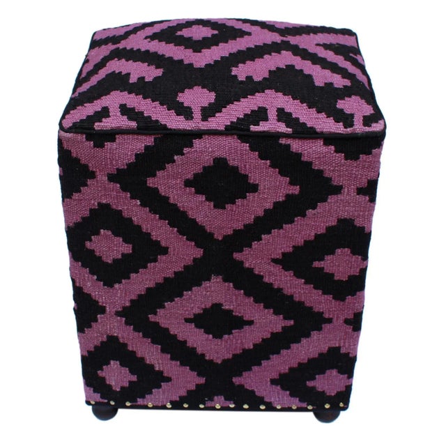 Shabby Chic Black & Purple Handmade Kilim Upholstered Ottoman For Sale - Image 4 of 7