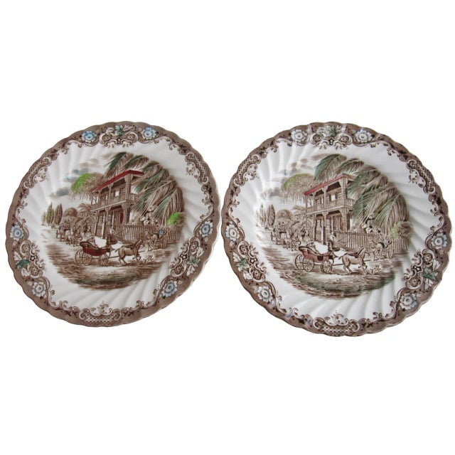 Two salad plates in Johnson Brothers' Heritage Hall pattern. Plates feature the "French Provincial" New Orleans street...