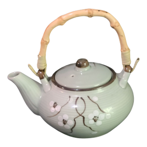 Vintage Small Celadon Green Bamboo Handle With Strainer Floral Asian Tea Pot