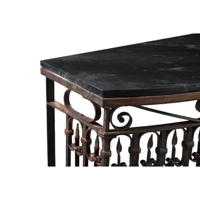 Antique Indian Cast-iron Balcony Front Console Table, the balcony front designed with spires, ovals, arrows and centered...