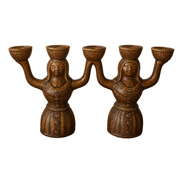 Saint-Clément Glazed Ceramic Candlesticks, 1970s, Set of 2 For Sale