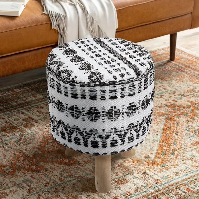 Pasargad Home Grandcanyon Cotton With Wooden Legs Pouf Footstool, White/Black For Sale - Image 4 of 5