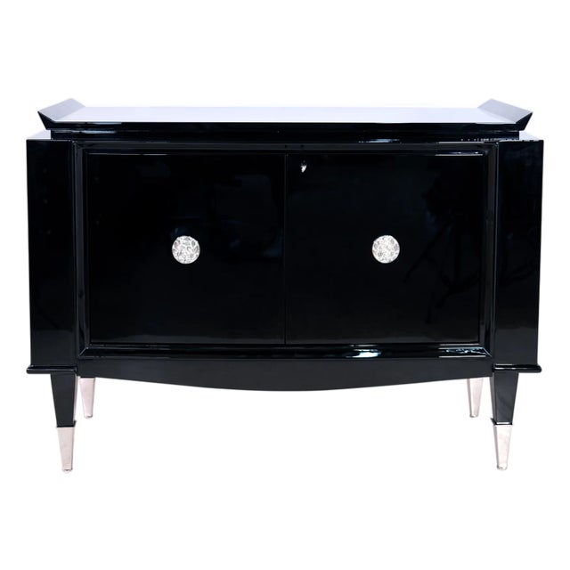 Art Deco Sideboard in Black High-Gloss Lacquer with Chrome Sabots and Chrome Fittings, 1940s For Sale