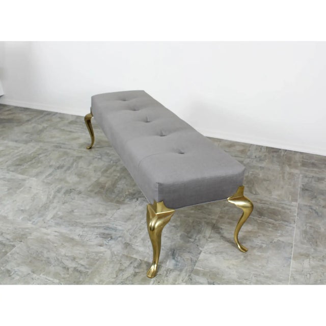 1970's Brass Bench With Grey Velvet Cushion Top For Sale - Image 4 of 4