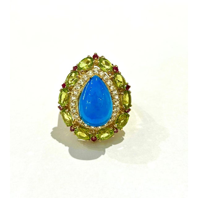 Blue Bochic “Capri” Vintage Blue Opal, Peridot & White Topaz Ring - 18K Gold & Silver For Sale - Image 8 of 8
