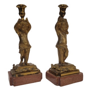 Candleholder Putti in Ormolu and Marble, France, 1880s, Set of 2 For Sale