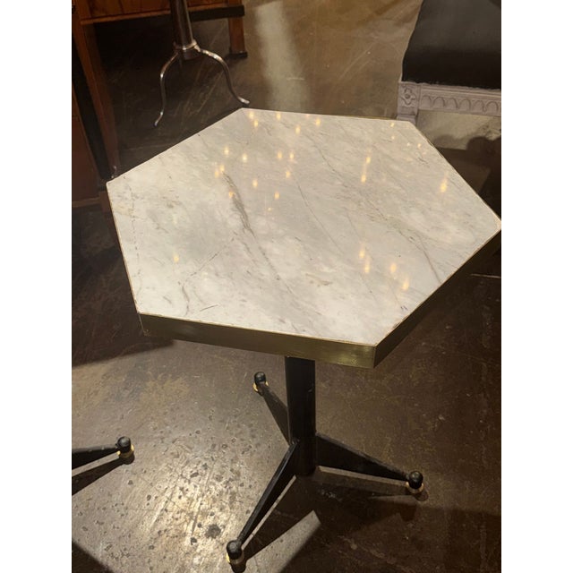 Pair of Italian Modern Black Steel and Marble Hex Tables For Sale - Image 4 of 5
