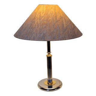Vintage Table Lamp with Silver-Colored Metal Base, Brass Elements and Cream-Colored Patterned Fabric Shade from by Bankamp Leuchten, 1990s For Sale