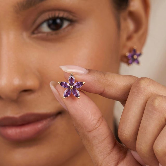 Contemporary Amethyst Flower Stud Earrings, Floral Style February Birthstone Studs - A Pair For Sale - Image 3 of 5