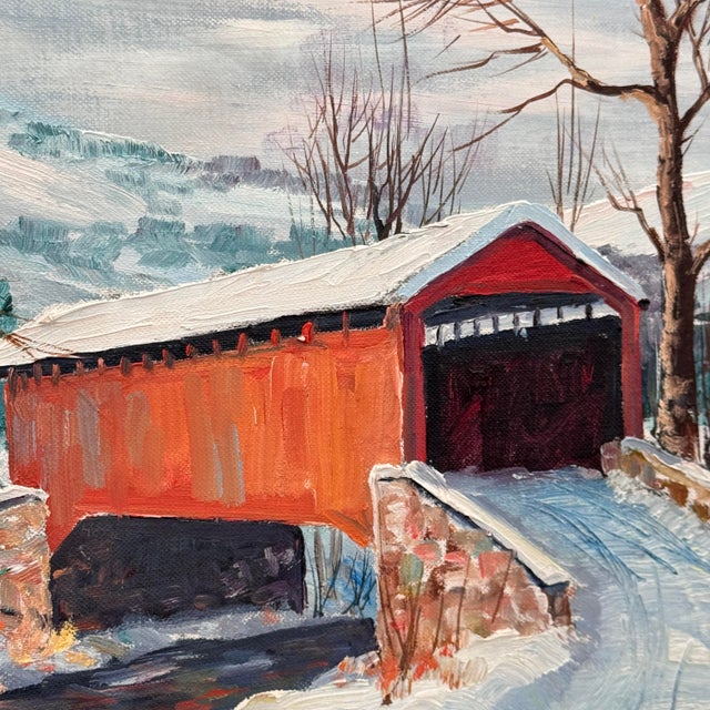 American Clarence I. Dreisbach Covered Bridge Winter Oil Painting 26x22 For Sale - Image 3 of 12