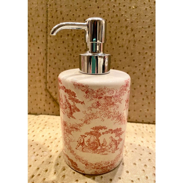 Vintage Labrazel 3 Piece Toile Bath Set in Red Toile, Made in Italy, Includes Cup, Soap Dispenser and Cotton Jar For Sale In New York - Image 6 of 9