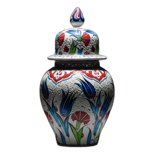 Handmade Ceramic “Kupecik” Ginger Jar (20cm) – Textured Relief Floral Pattern – Lidded Iznik Vase For Sale