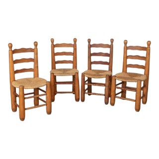 1950s French Wood and Woven Chairs Attributed to Charles Dudouyt, Set of 4 For Sale