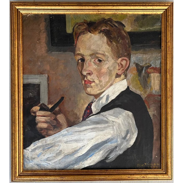 Textile 1930's C. A. Taylor Philadelphia Artist Self Portrait Oil Painting on Canvas For Sale - Image 7 of 11