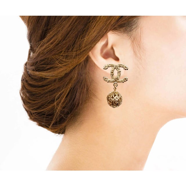 Chanel Light Gold Clover 5 CC Filigree Ball Dangle Large Clip On Earrings *Marked 06 *Made in Italy -It is approximately...