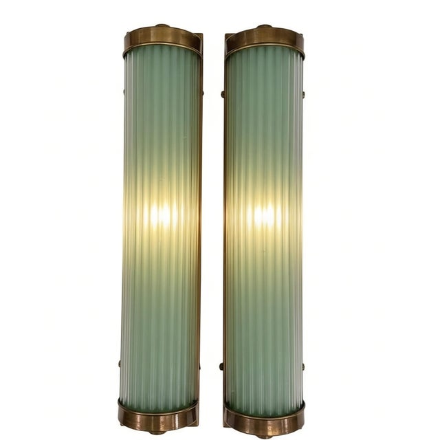 1940s Vintage Art Deco Light Old Lamp Wall Sconces Fixture Brass & Green Glass Rod Ship Light - Pair For Sale - Image 5 of 5