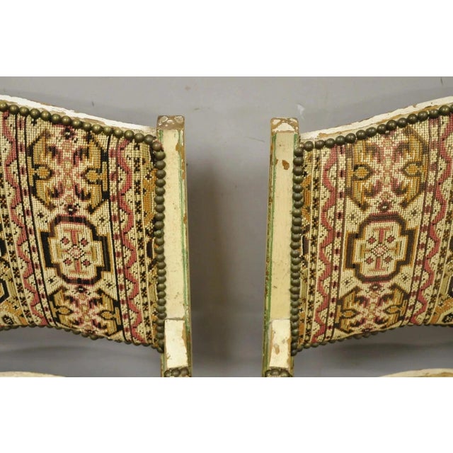 Mid 20th Century Vintage French Country Cream Distress Painted Lounge Arm Chairs & Ottoman - 3 Pieces For Sale In Philadelphia - Image 6 of 12