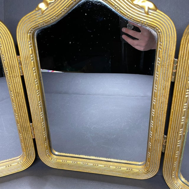 Plastic Vintage Florentine Gold Gilt Style Trifold Vanity Mirror For Sale - Image 7 of 9