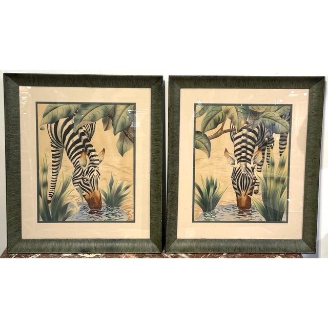 Pair of Art Deco Zebra Watercolor Gouaches by Shirrell Graves in Verde Frames A striking and highly decorative pair of Art...