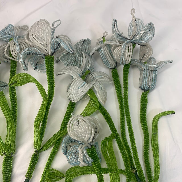 French Beaded Flowers Pale Blue and White Iris For Sale - Image 10 of 12