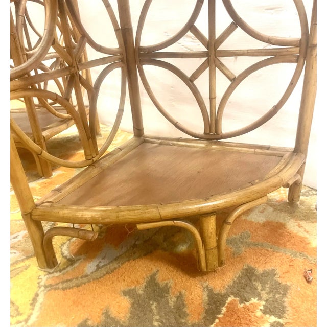 Pair Vintage Artistic MCM Natural Rattan Bamboo Corner Etageres Shelves For Sale - Image 10 of 12