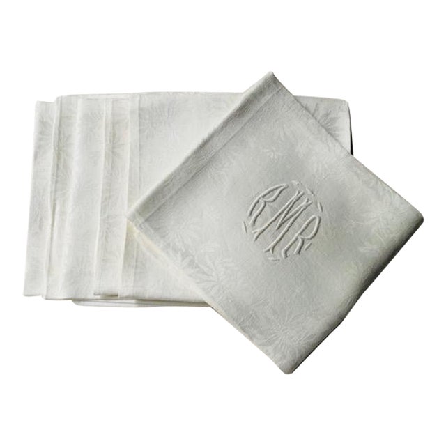 Antique French Chrysanthemum Damask Linen Dinner Napkins, Monogrammed Rmr, Set of 6 | C. 1910 For Sale