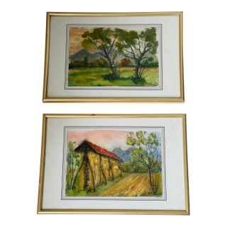Pair Vintage Watercolours Landscape Austrian For Sale