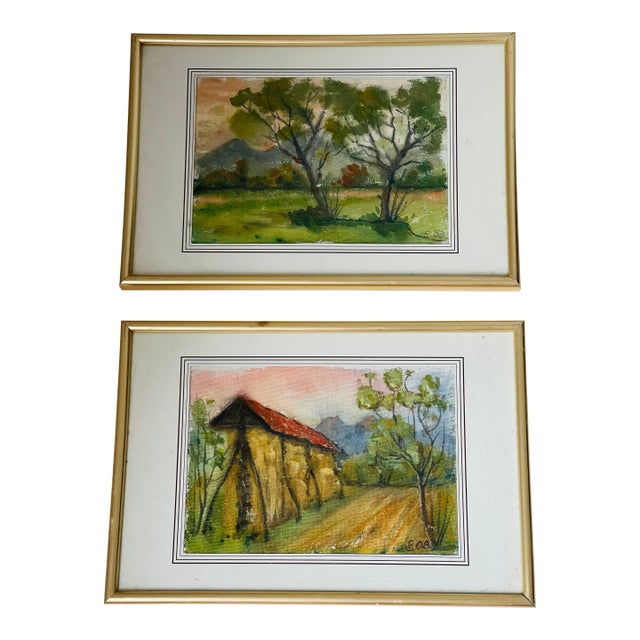 Pair Vintage Watercolours Landscape Austrian For Sale