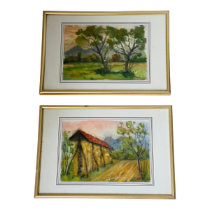 Pair Vintage Watercolours Landscape Austrian