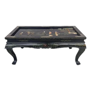 Chinese Lacquer Tea Coffee Table Inlaid Mother of Pearl Soapstone