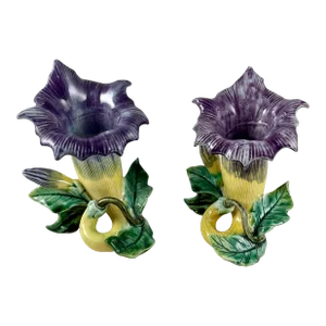 French Fives-Lille De Bruyn Purple Trumpet Vine Posy Vases, Circa 1890 - a Pair