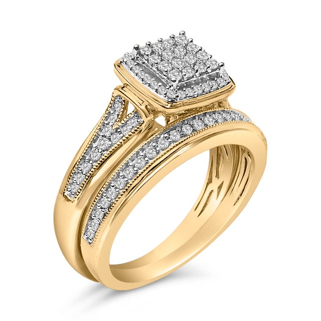 Contemporary 14K Yellow Gold Plated Sterling Silver 1/2 Cttw Diamond Square Cluster Bridal Set - Size 7 For Sale - Image 3 of 6
